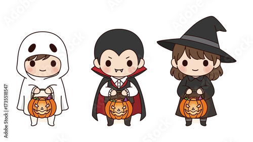 Spooky Squad Halloween: A trio of charming cartoon characters embody the Halloween spirit, dressed as a ghost, a vampire, and a witch, each clutching a jack-o'-lantern.