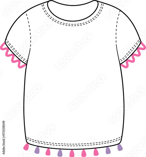 Kids t-shirt flat sketch, baby clothing vector illustration, cute fashion top with trim design, apparel cad drawing, garment design, cad drawing flat vector illustration