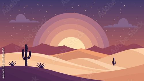 Sunset over the desert landscape with cactus silhouettes, creating a serene and peaceful atmosphere in nature