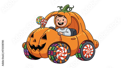 Pumpkin Car's Sweet Ride: A joyful illustration captures a charming child dressed in a pumpkin costume, steering a delightful car made of a pumpkin, adorned with candy wheels and a lollipop.