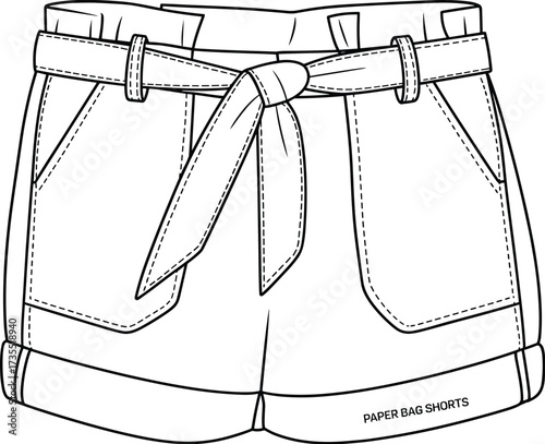 Paper bag shorts fashion design, women stylish bottom wear, cad drawing template, vector flat illustration, trendy clothing sketch, apparel technical outline