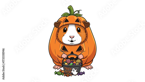 Cute Guinea Pig in a Pumpkin Costume: A charming guinea pig, dressed in a pumpkin costume, eagerly holds a trick-or-treat bucket filled with delightful treats.