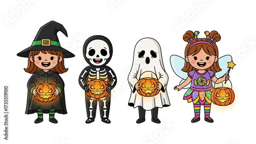 Spooky Halloween Gathering: A vibrant cartoon depicting a charming witch, a spooky skeleton, a spectral ghost, and a dazzling fairy, each clutching a glowing jack-o'-lantern.