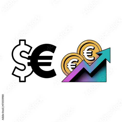 Dollar and euro currency symbols with rising arrow and euro coins on transparent background isolated on transparent background