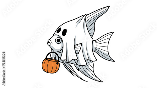 Spooky Halloween Fish: A whimsical, artistic rendering of an angelfish cleverly disguised as a playful ghost, ready for Halloween fun.