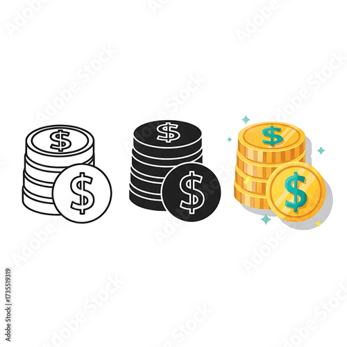Three stacks of gold coins with dollar signs and sparkling effects isolated on transparent background