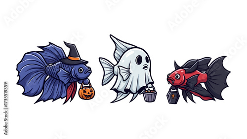 Foto Halloween Fish: A charming scene of three Halloween-themed fish in a vibrant illustration