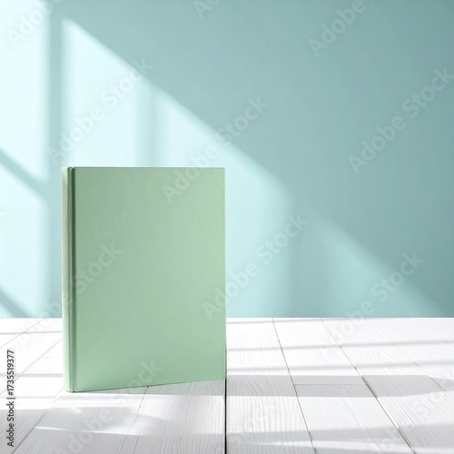 Light green book on white table, turquoise wall, sunny
