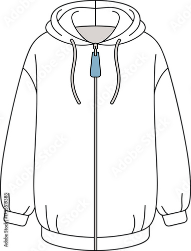 Unisex hoodie front view, zip up sweatshirt flat sketch, casual wear template, fashion cad drawing, clothing vector design, apparel illustration