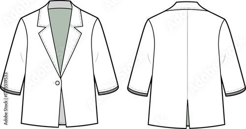 Women blazer flat sketch, CAD drawing apparel template, three quarter sleeve jacket vector illustration, fashion technical clothing design for sewing pattern, garment design