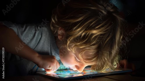 Intrigued Child with Tablet: A young child deeply engrossed in the radiant glow of a tablet screen, illuminated in a dark room, capturing the intensity of digital fascination.