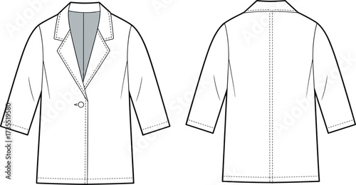 Women blazer flat sketch, CAD drawing apparel template, three quarter sleeve jacket vector illustration, fashion technical design for sewing pattern, garment design