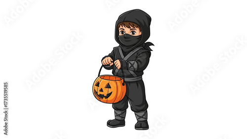 Ninja Kid on Halloween: A young child dressed in a ninja costume joyfully participates in Halloween festivities, carrying a pumpkin-shaped candy bucket and embracing the spirit of trick-or-treating.