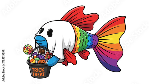 Spooktacular Fish Trick or Treat: A whimsical illustration of a fish celebrating Halloween, donned in a ghost costume while collecting a basketful of candies and treats.