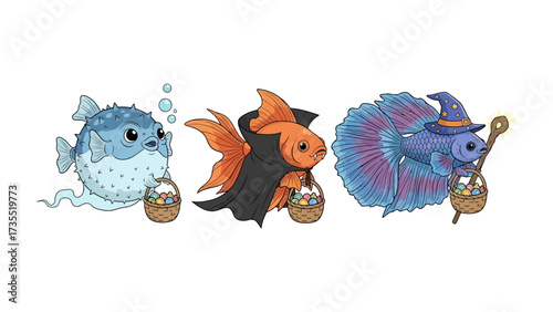 Cute Fish Halloween Trio: Whimsical illustrations of three charming fish dressed up in festive Halloween costumes. Each fish, carrying a decorative basket filled with colorful eggs.