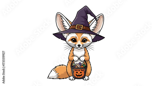 Adorable Fox in Witch Hat with Halloween Bucket: An endearing cartoon illustration featuring a cute fox dressed in a witch hat, clutching a pumpkin-shaped bucket of treats, ready for Halloween.