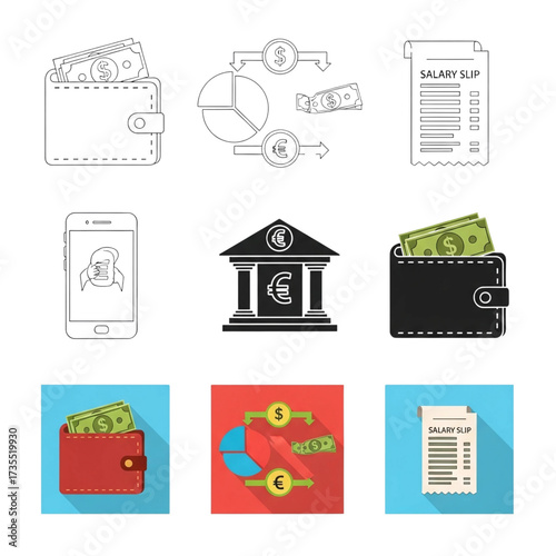 Collection of financial icons including wallets salary slips bank and money flow diagrams isolated on transparent background
