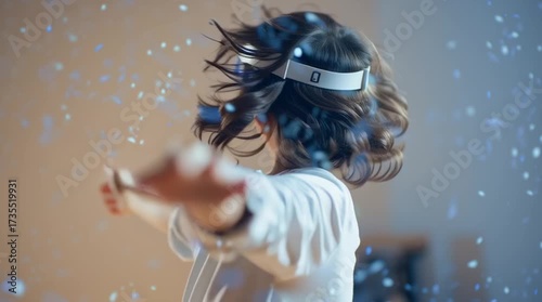 Unleashing Inner Worlds: A child, immersed in a world of virtual reality, joyfully expresses herself, her hair dancing amidst shimmering lights.