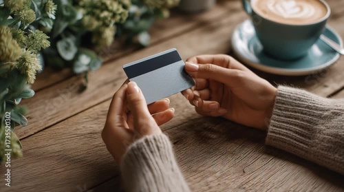 Debit Card and Coffee: The image captures a close-up shot of hands holding a sleek debit card, set against the backdrop of a cozy café scene, complete with a warm cup of coffee and verdant plants.