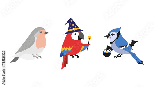Whimsical Bird Trio: A charming illustration of three unique birds each with its own character and personality. They bring a playful and imaginative touch to any design.