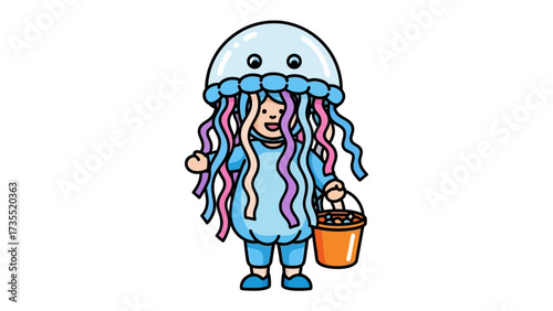 Jellyfish Costume : A charming child is playfully dressed in a vibrant jellyfish costume. Joyful expression, with an orange bucket in hand, ready for adventure. 