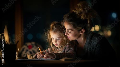 Cozy Study Session: A tender moment unfolds as a caring parent guides their child through a late-night learning session, fostering a bond of love and knowledge.