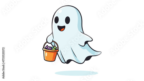 Spooky Candy Hunt: A friendly spectral companion cheerfully hovers, candy bucket in hand, poised for an enchanting trick-or-treat adventure on a festive night.