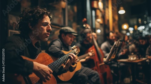 Melodic Harmony: A band performs in a cozy setting, bathed in warm, inviting light, creating an atmosphere of musical charm. A moment of pure, heartfelt emotion.