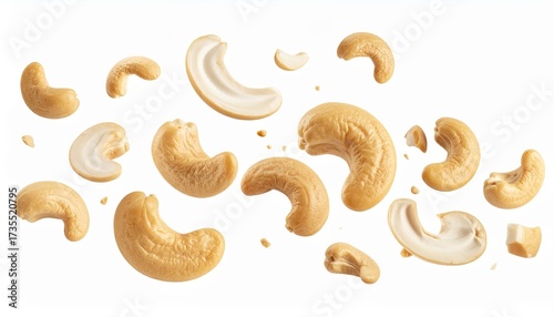 High-quality image of raw cashew nuts floating against a white background, ideal for health, nutrition, and culinary themes.