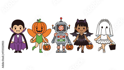 Halloween Masquerade: Adorable and whimsical characters dressed in their finest Halloween costumes. A vibrant and cute illustration that captures the spirit of the season.