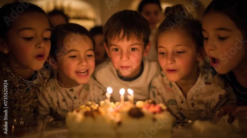 Birthday Wish Delight: Children gather around a birthday cake with lit candles, faces lit with anticipation and joy. This emotive photo conveys warmth, friendship, and the magic of the moment.