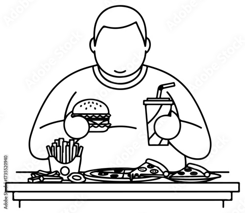 Overweight person enjoying fast food and unhealthy meal.