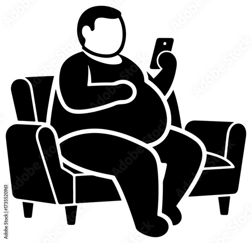 Overweight person sitting on a couch using a smartphone.