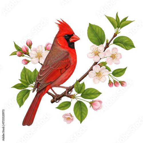 Vibrant male cardinal perched among delicate spring blossoms