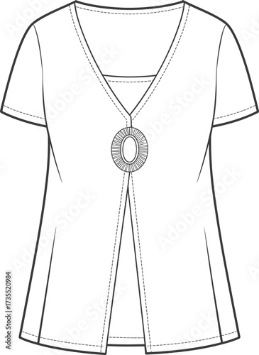 Women’s blouse flat sketch, stylish top fashion drawing, short sleeve garment illustration, trendy apparel design template, modern clothing, cad drawing flat vector illustration