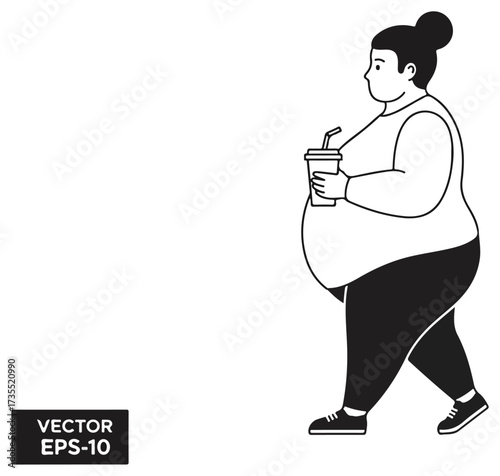 Overweight woman walking with a drink in hand.