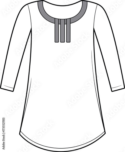 Women’s tunic top flat sketch, long sleeve blouse drawing, stylish fashion illustration, apparel design template, modern clothing vector, cad drawing flat vector illustration