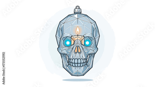Spooky Skull Ornament: A ghostly, geometric skull ornament is illuminated by a flickering candle, with an ethereal aura surrounding the intricate design.