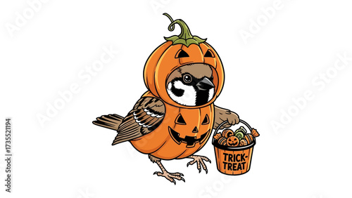 Spooky Sparrow's Halloween: A cute sparrow, adorned in a pumpkin costume, clutches a Trick or Treat bucket, bringing a smile to your face. Perfectly crafted for Halloween fun.