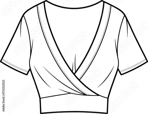 Women’s wrap crop top, short sleeve v neck blouse, trendy fashion garment design, stylish clothing template sketch, cad drawing flat vector illustration