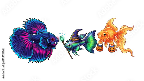Enchanting Aquatic Trio: A captivating illustration featuring an animated betta fish, a whimsical wizard-themed fish, and a festive goldfish, each showcasing vibrant colors and unique characteristics.