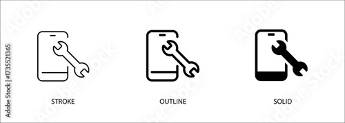 Phone icon with wrench for phone settings, tech support. Editable vector stroke icon, outline and solid. Eps10 file.