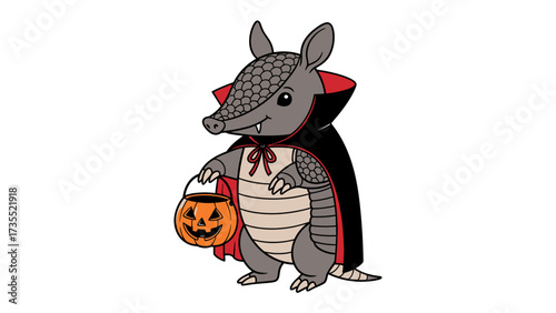 Halloween Armadillo: A whimsical armadillo dons a spooky costume, carrying a carved pumpkin bucket. This playful illustration captures the spirit of Halloween.