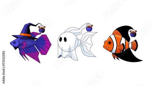 Halloween Fishy Trio: Adorable, cartoonish renderings of Halloween-themed fish—a spectral, ghost-like fish, a witch-hat-clad fish, and a vampire-esque fish, each carrying treat buckets.
