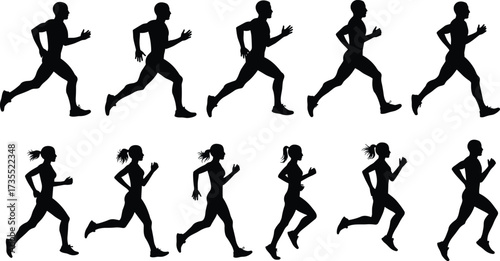 Running silhouette vector illustration, jogging man woman design, sport athlete graphic, fitness exercise artwork, marathon training icon, workout activity background