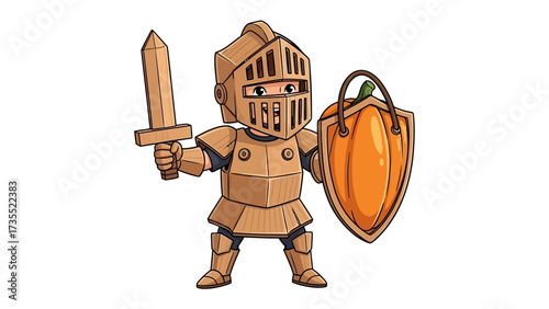 Wooden Knight Ready for Battle: A whimsical wooden knight, fully armored and armed with a sword and shield, ready to face the adventure with courage and valor.
