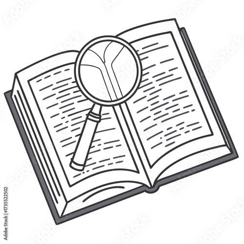 Flat vector illustration of an open English dictionary with a magnifying glass on top.