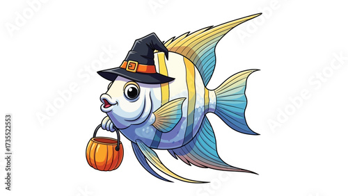 Spooky sea creature in costume: A whimsically illustrated tropical fish sports a witch's hat, cheerfully trick-or-treating with a pumpkin bucket, a fun, festive visual for Halloween and beyond.