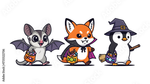 Whimsical Halloween Parade: A charming trio of animals, dressed in delightful costumes, embarks on a whimsical Halloween parade, their faces alight with the mischievous thrill of the spooky season. 