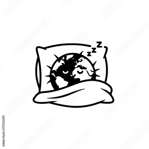 A whimsical, high-contrast black and white icon showing Planet Earth peacefully sleeping on a soft pillow (or tucked into a blanket). A perfect, literal, and metaphorical graphic for promoting global 